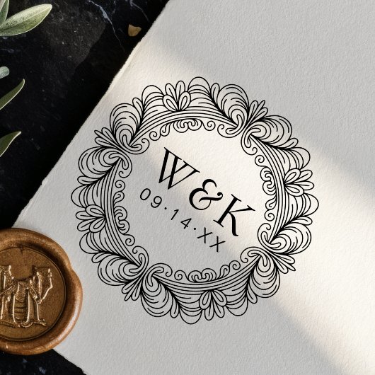 Personalized Ornate Wreath Wedding Monogram & Date Gummistempel