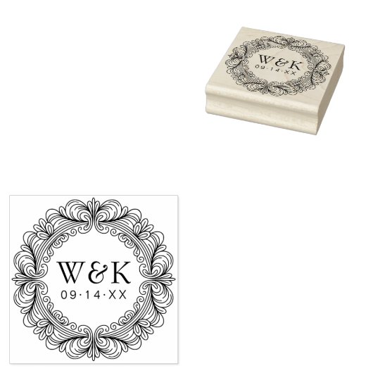 Personalized Ornate Wreath Wedding Monogram & Date Gummistempel (Stempel)