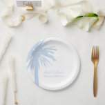Personalized pale blue beach wedding party plates pappteller<br><div class="desc">Personalized pale blue beach wedding paper party plates with exotic palm tree design. Neutral tone colors. Trendy paper plates for tropical destination or summer marriages. Elegant template design with beautiful silhouette of exotic palm tree leaves. Custom marriage accessories and disposable party supplies for classy bride and groom couple. Add your...</div>