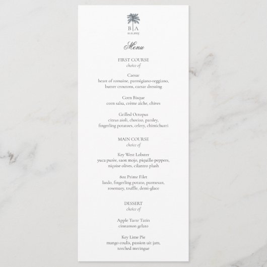 Personalized Palm Tree Beach Elegant Wedding Menu Menükarte (Vorderseite)