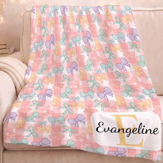 Personalized Pastel Bow Aesthetic Pink Gingham Fleecedecke