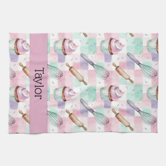 Personalized Pastel Cupcake Checkered Pattern Geschirrtuch (Horizontal)