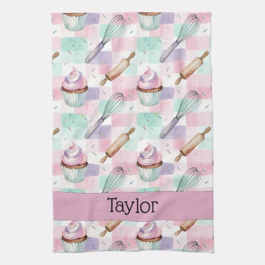 Personalized Pastel Cupcake Checkered Pattern Geschirrtuch (Vertikal)