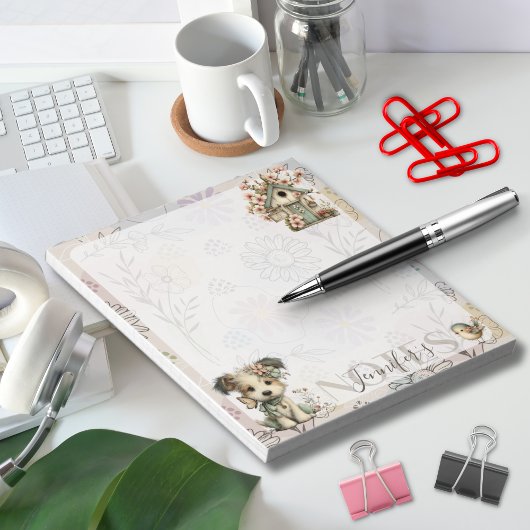 Personalized Pastel Dog & Floral Birdhouse Spring Notizblock