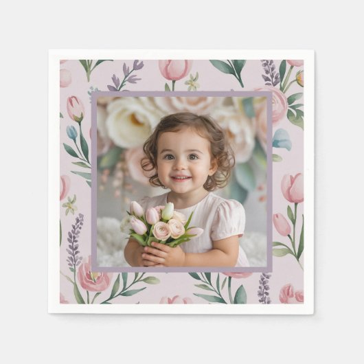 Personalized Pastel Floral Photo Birthday Girl Serviette (Vorderseite)