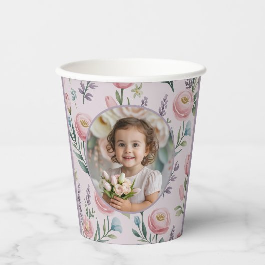 Personalized Pastel Floral Photo Kids Birthday  Pappbecher (Vorderseite)