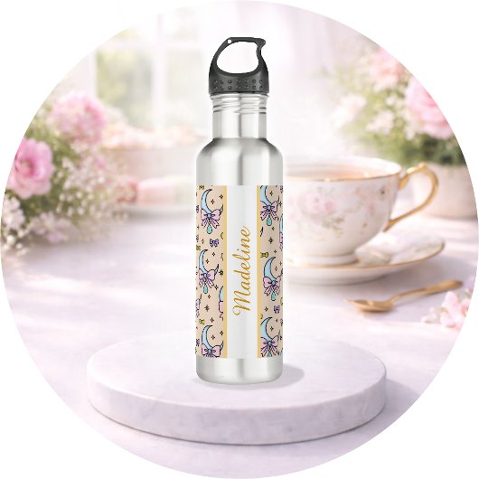 Personalized Pastel Girly Cute Bow Name Peach Moon Edelstahlflasche
