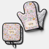 Personalized Pastel Lavender Kitchen Tea Cats Ofenhandschuh & Topflappen-Set (Vorderseite/Rückseite)