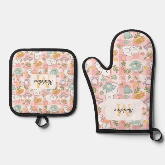 Personalized Pastel Pink Kitchen Tea Cats Ofenhandschuh & Topflappen-Set (Vorderseite)