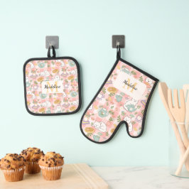 Personalized Pastel Pink Kitchen Tea Cats Ofenhandschuh & Topflappen-Set