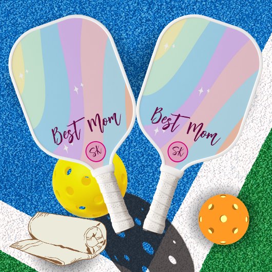 Personalized Pastel Pink Retro Striped Best Mom Pickleball Schläger