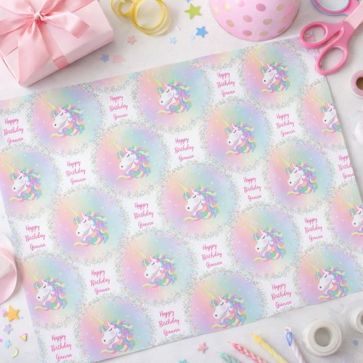 Personalized Pastel Rainbow Unicorn Happy Birthday Seidenpapier