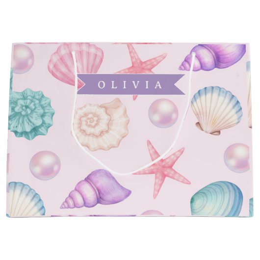 Personalized Pastel Seashell Coastal Custom Name Große Geschenktüte (Vorderseite)