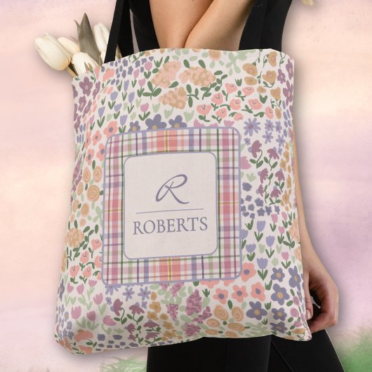 Personalized Patchwork Floral & Plaid Tote Bag Tasche