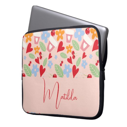 Personalized pattern with hearts, flowers, cherry laptopschutzhülle (Vorderseite Links)