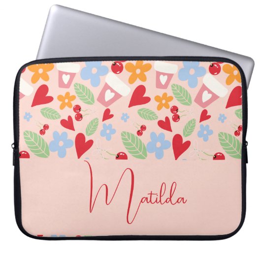 Personalized pattern with hearts, flowers, cherry laptopschutzhülle (Vorderseite)