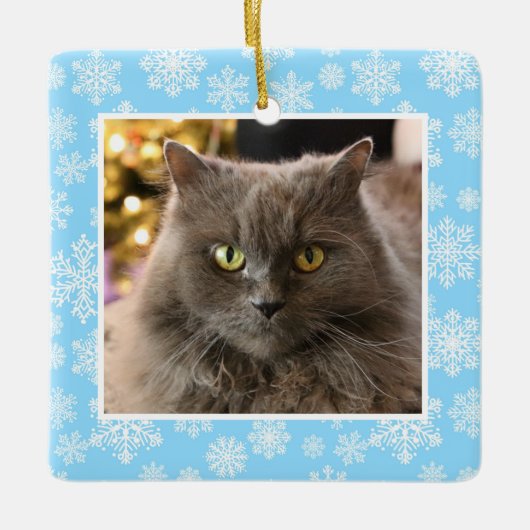 Personalized Pet Cat Dog Blue Snowflake Pattern Keramikornament (Vorderseite)