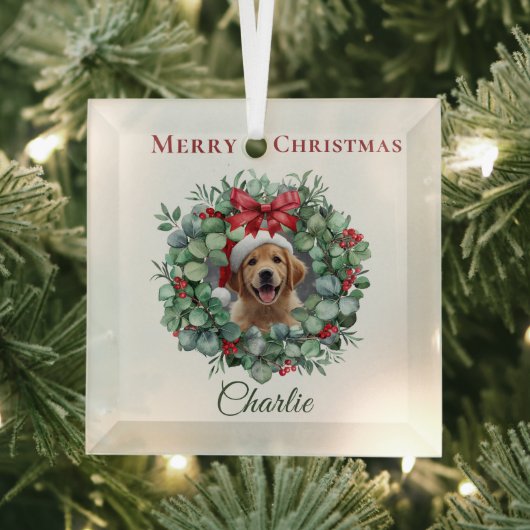 Personalized Pet Christmas with Wreath & Name Ornament Aus Glas (Insitu)