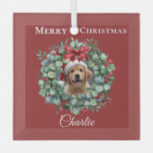 Personalized Pet Christmas with Wreath & Name Ornament Aus Glas (Vorderseite)
