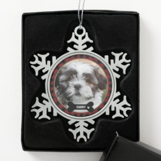Personalized Pet Photo Red Plaid Elegant Schneeflocken Zinn-Ornament