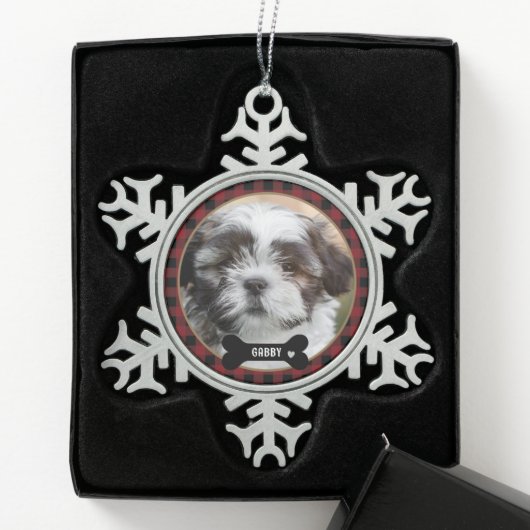Personalized Pet Photo Red Plaid Elegant Schneeflocken Zinn-Ornament (Box)
