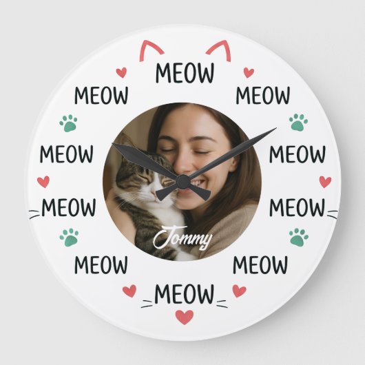 Personalized Pet Photo Wall Clock with 'MEOW' Große Wanduhr (Vorderseite)