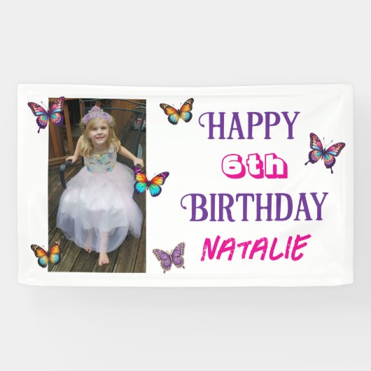 Personalized Photo and Age Butterfly Birthday Banner (Horizontal)