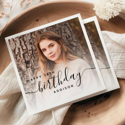 Personalized Photo Black Script 18th Birthday Serviette