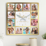 Personalized Photo Collage Besties Gold White Quadratische Wanduhr<br><div class="desc">Make this trendy elegant white and gold photo collage wall clock unique with 12 of your favorite photos with your best friend(s). The design also features modern handwritten "Besties" script and your names.</div>