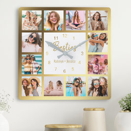 Personalized Photo Collage Besties Gold White Quadratische Wanduhr