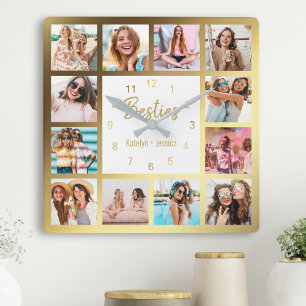 Personalized Photo Collage Besties Gold White Quadratische Wanduhr