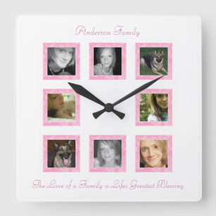Personalized Photo Collage Wall Clock: Pink Quadratische Wanduhr