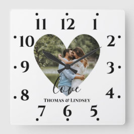 Personalized Photo Heart Frame Modern Calligraph Quadratische Wanduhr
