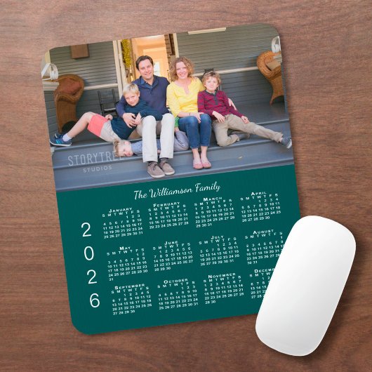 Personalized Photo Name Blue-Green 2026 Calendar Mousepad