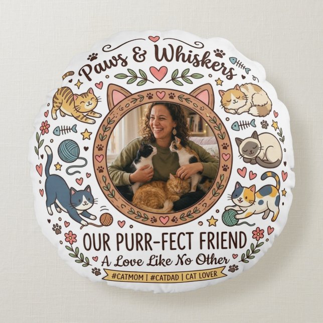 Personalized Photo Pillow For Cat Mom Rundes Kissen (Vorderseite)