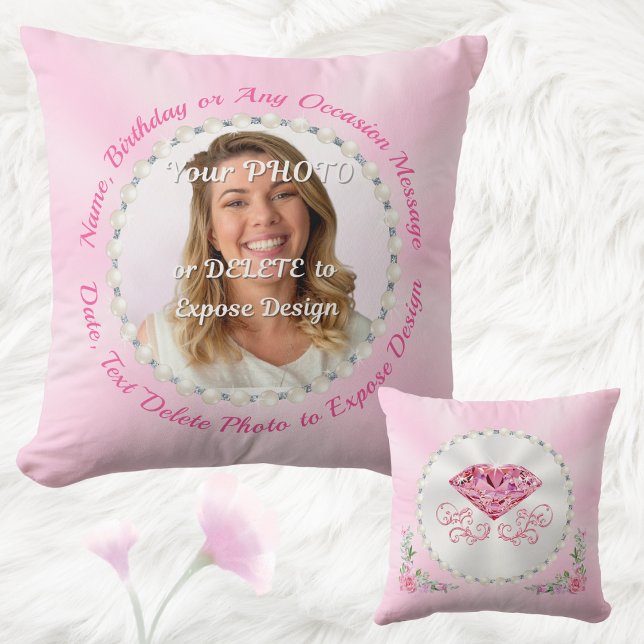 Personalized Photo Pillow, Pink Birthday Presents Kissen (Pink Throw Pillow. Photo birthday gifts. Pink birthday presents. Light Pink birthday gifts. Picture.)