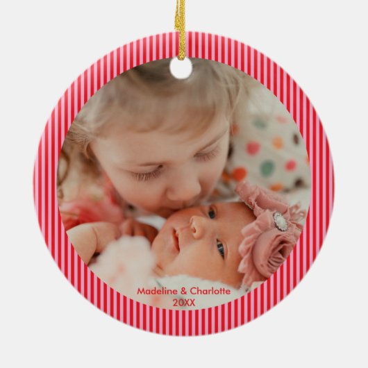 Personalized Photo Red & Pink Script Christmas Keramik Ornament (Hinten)