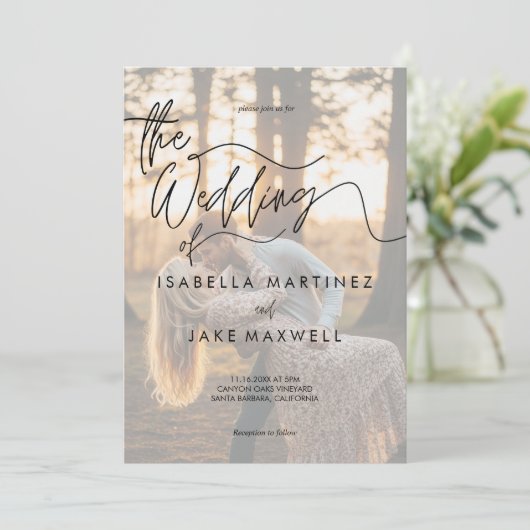 Personalized Photo Sunset Elegant Script Wedding Einladung (Stehend Vorderseite)