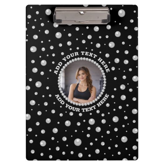 Personalized Photo with Pearls Circle on Black Klemmbrett (Vorderseite)