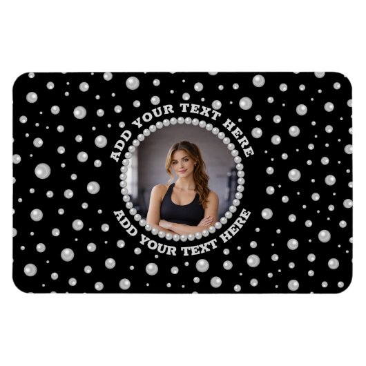 Personalized Photo with Pearls Circle on Black Magnet (Horizontal)