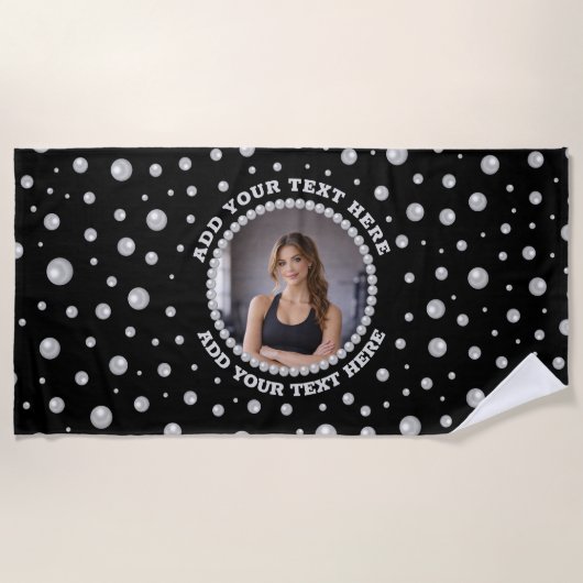 Personalized Photo with Pearls Circle on Black Strandtuch (Vorderseite)