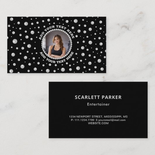 Personalized Photo with Pearls Circle on Black Visitenkarte (Vorne/Hinten)