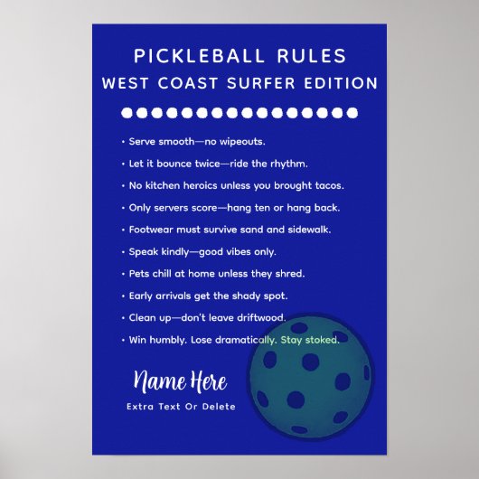 Personalized Pickleball Rules West Coast Surfer Poster (Vorne)