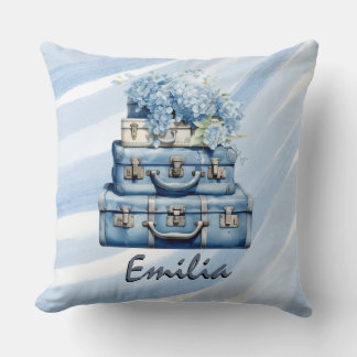 Personalized pillow Vintage suitcases Blue hydrang Kissen