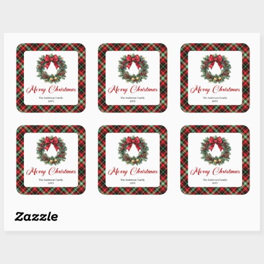 Personalized Pine Wreath Watercolor Christmas Quadratischer Aufkleber (Blatt)