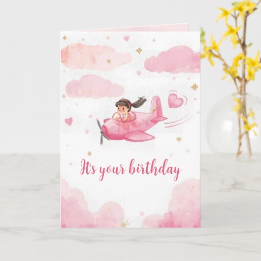 Personalized Pink Airplane Birthday Card Karte (Gelbe Blume)