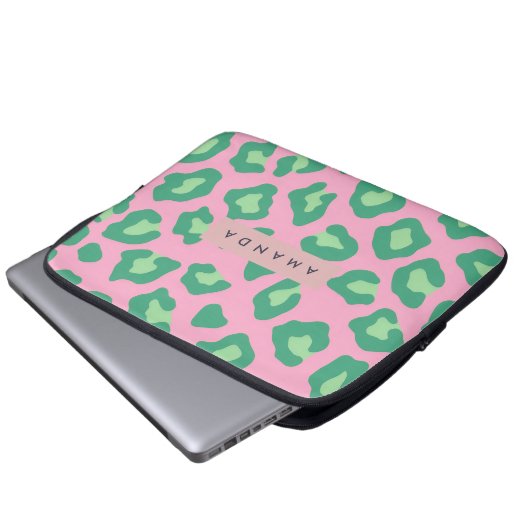 Personalized Pink and Green Leopard Print Laptopschutzhülle (Vorne Knopf)