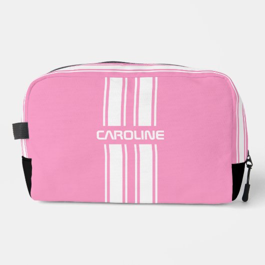 Personalized Pink And White Racing Stripe Travel Waschbeutel (Vorderseite)