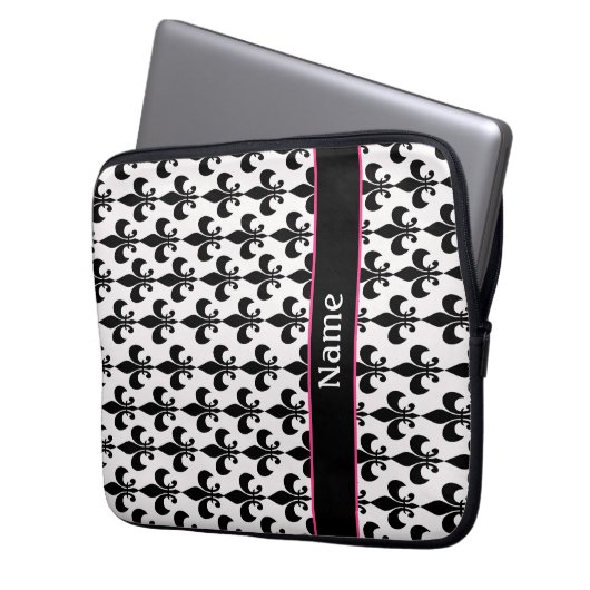 Personalized Pink Black Fleur de Lis Laptopschutzhülle (Vorderseite Links)