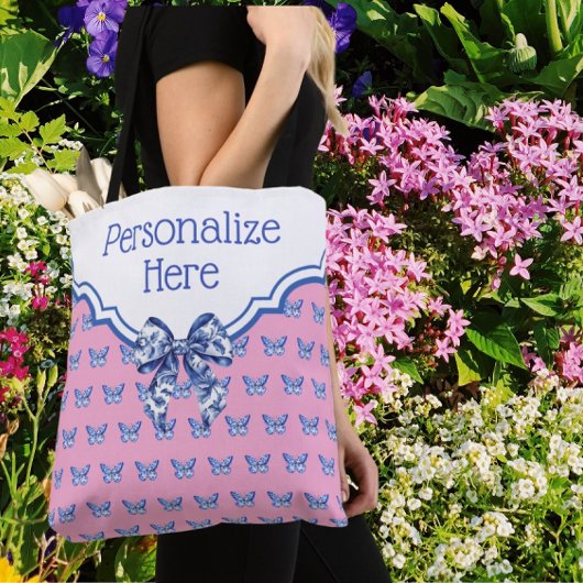 Personalized Pink Blue White Butterfly Tasche